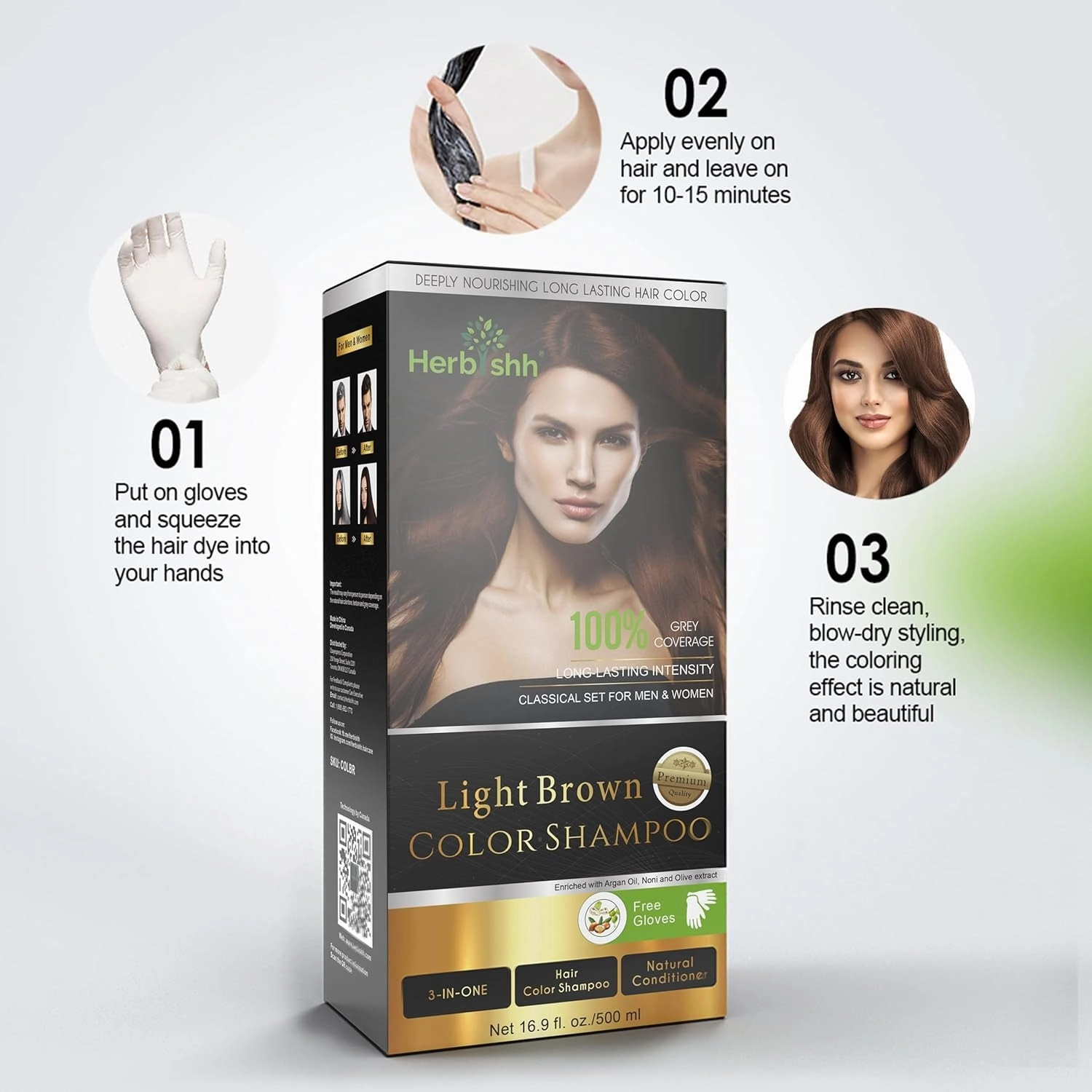 Herbishh Light Brown Hair Dye Shampoo 3 In 1- Color Shampoo For Gray Hair Coverage 500 ML, Argan Oil & Pro Keratin Deep Conditioning Hair Mask 150gm and Ginger Essential Oil Serum For Hair Growth 30ml