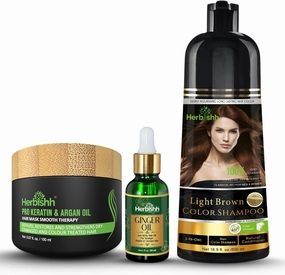 Herbishh Light Brown Hair Dye Shampoo 3 In 1- Color Shampoo For Gray Hair Coverage 500 ML, Argan Oil & Pro Keratin Deep Conditioning Hair Mask 150gm and Ginger Essential Oil Serum For Hair Growth 30ml