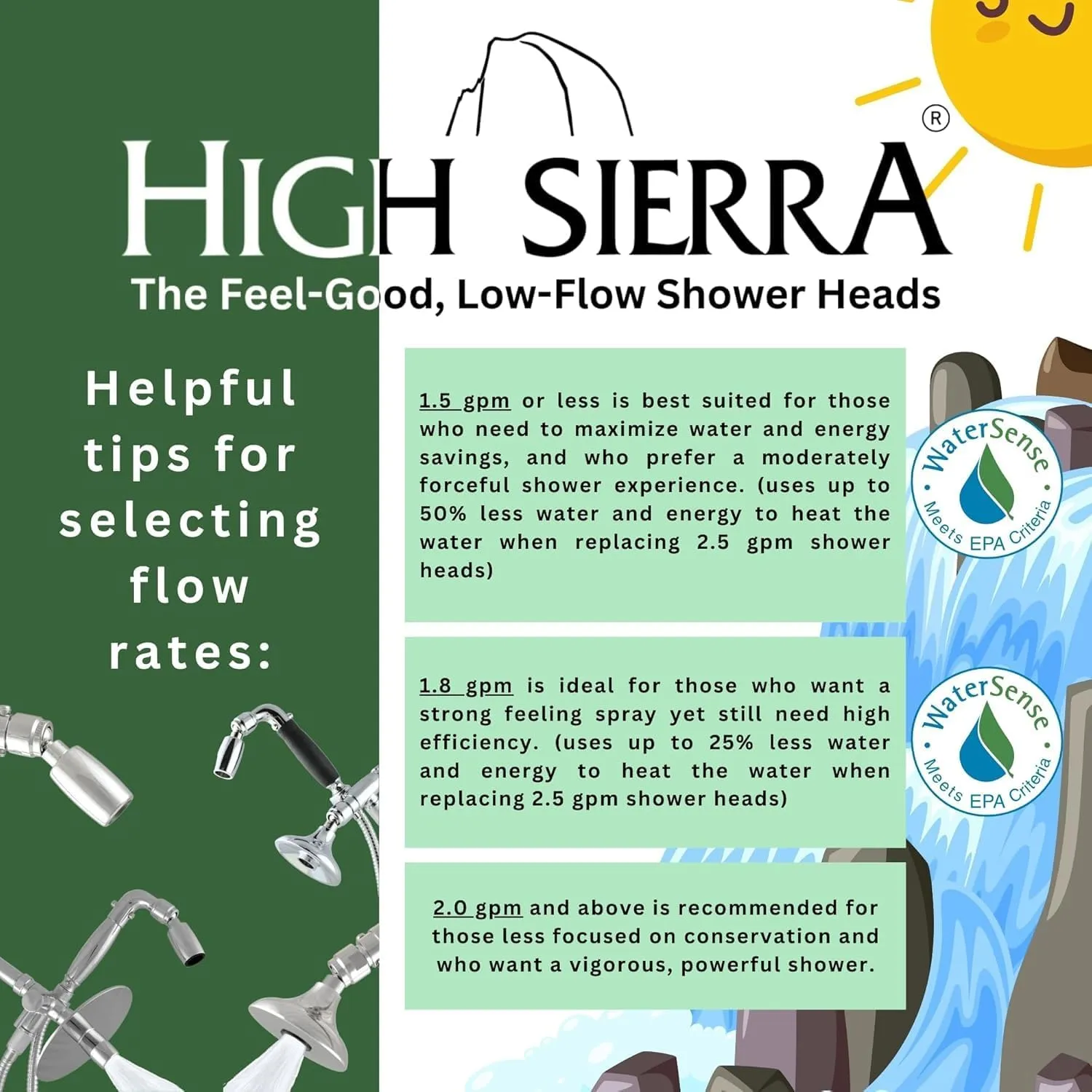 High Sierra Showerheads® - CLASSIC™ Solid Metal 1.5 GPM Award Winning, Ultra Low Flow Shower Head, Pattented Nozzle Never Clogs - Polished Brass Finish