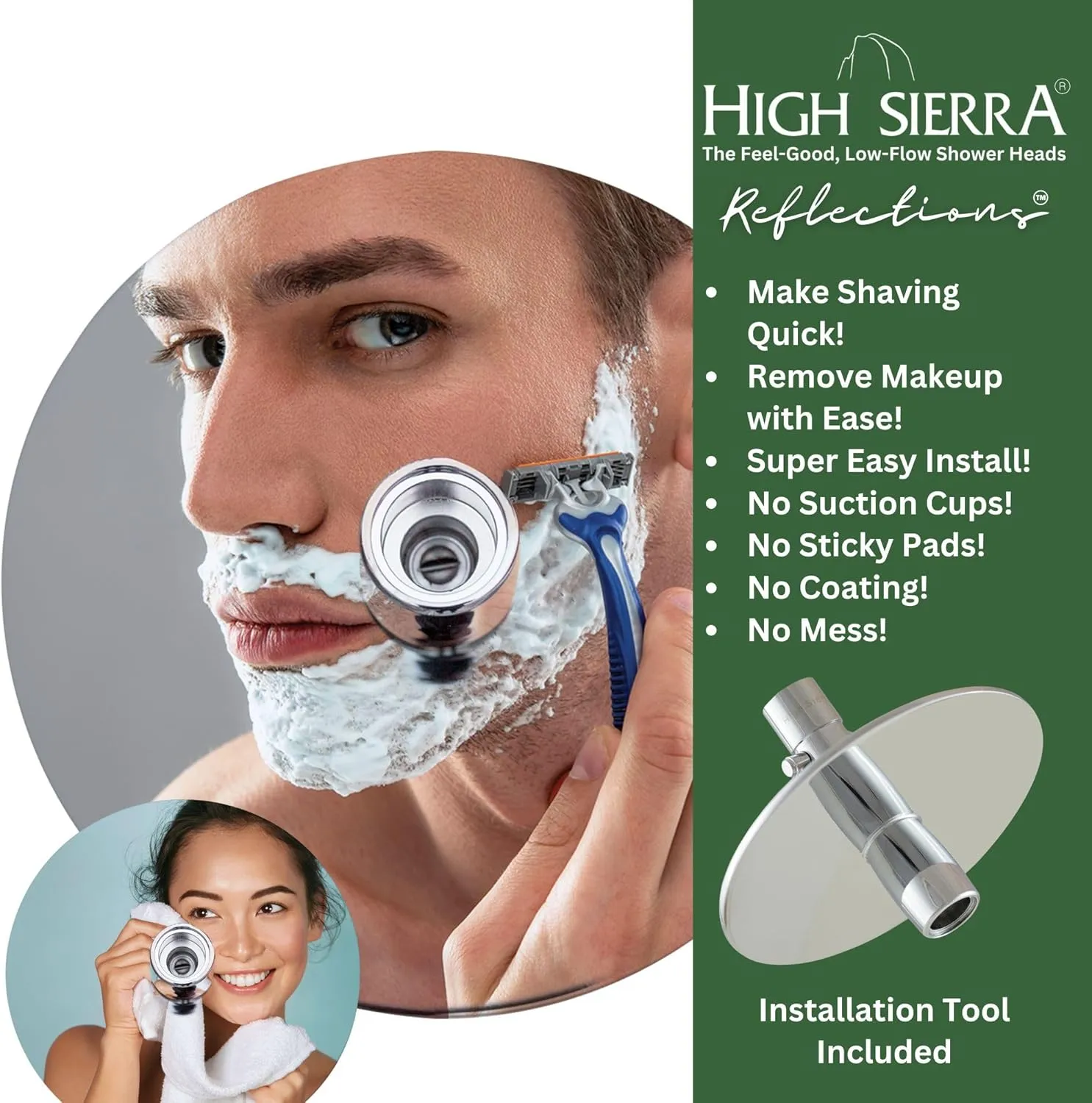 High Sierra® - Solid Metal 4-Way Combo REFLECTION™ Fixed and Hanheld Shower Heads with Slipped Free Rubber Grip. Run Separately or Both at Full Flow - 1.8 GPM per Shower Head - Brushed Nickel Finish