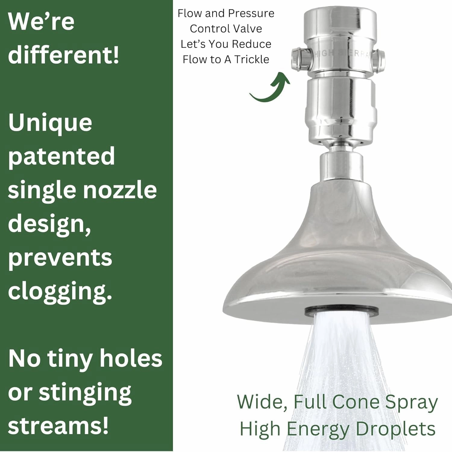 High Sierra Showerheads® - HALF DOME® Solid Metal 2.0 GPM Rain Shower, High Pressure Shower Head with Trickle Valve, Patented Nozzle Never Clogs - Brushed Nickel Finish