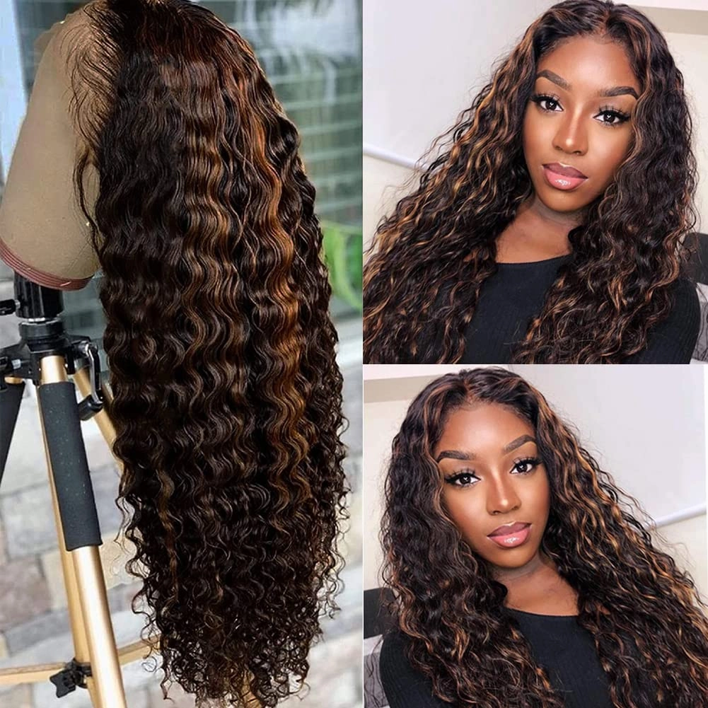 Highlight Ombre Lace Front Wig Human Hair Pre Plucked 1B/30 Black Brown 13x4 HD Lace Frontal Wigs Deep Wave Honey Blonde Human Hair Wigs for Black Women 180% Density 22 Inch