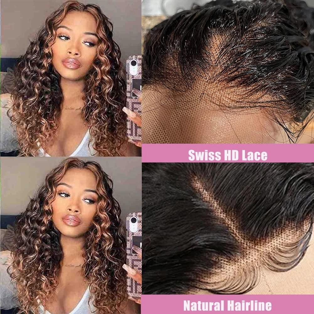 Highlight Ombre Lace Front Wig Human Hair Pre Plucked 1B/30 Black Brown 13x4 HD Lace Frontal Wigs Deep Wave Honey Blonde Human Hair Wigs for Black Women 180% Density 22 Inch
