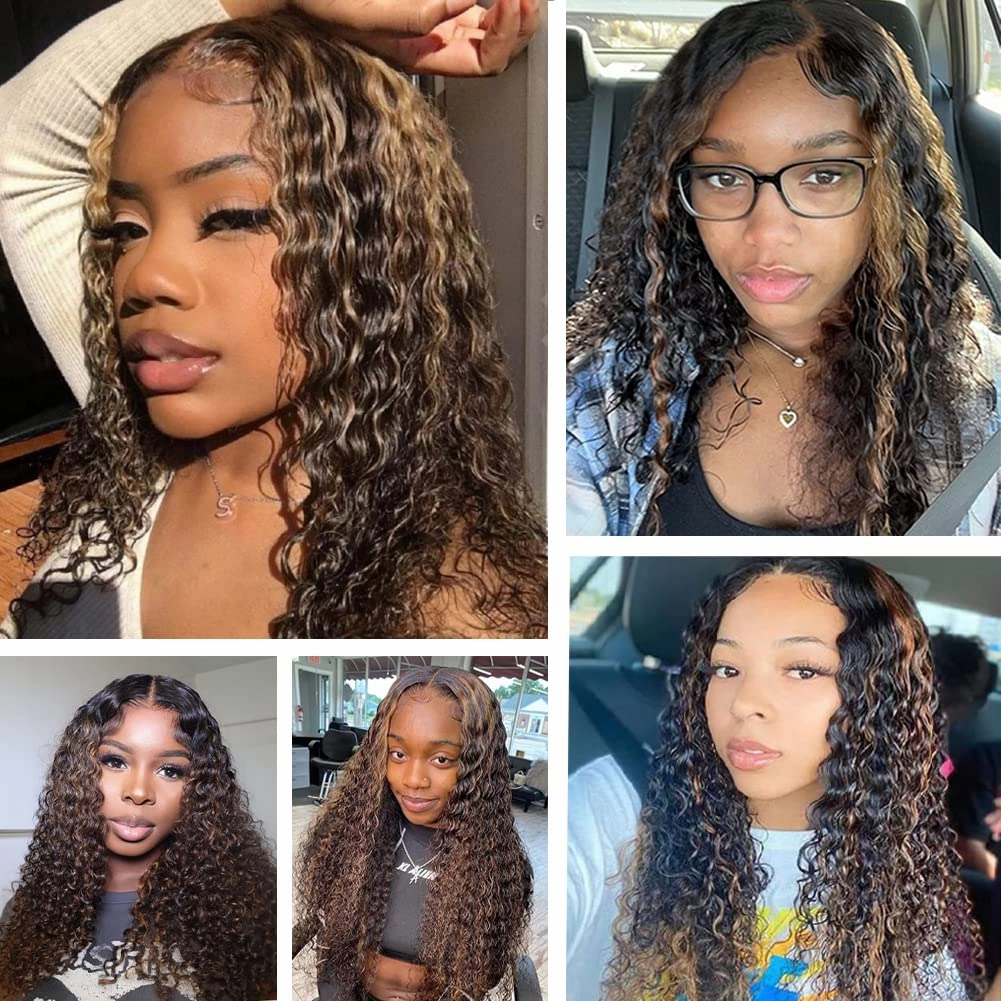 Highlight Ombre Lace Front Wig Human Hair Pre Plucked 1B/30 Black Brown 13x4 HD Lace Frontal Wigs Deep Wave Honey Blonde Human Hair Wigs for Black Women 180% Density 22 Inch