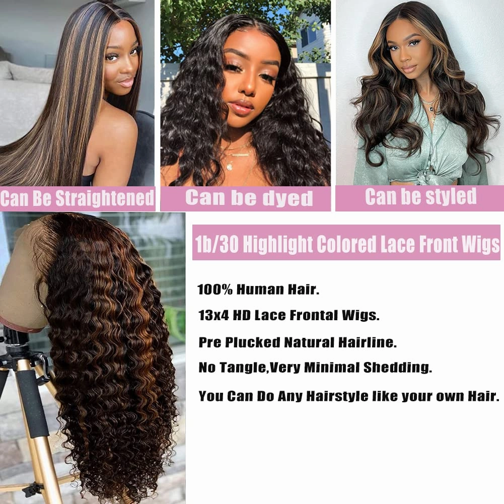 Highlight Ombre Lace Front Wig Human Hair Pre Plucked 1B/30 Black Brown 13x4 HD Lace Frontal Wigs Deep Wave Honey Blonde Human Hair Wigs for Black Women 180% Density 22 Inch