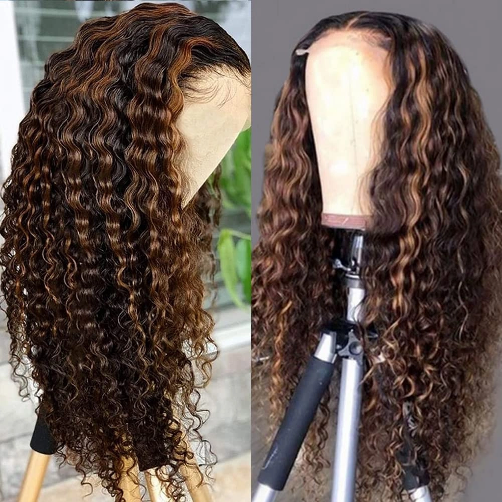 Highlight Ombre Lace Front Wig Human Hair Pre Plucked 1B/30 Black Brown 13x4 HD Lace Frontal Wigs Deep Wave Honey Blonde Human Hair Wigs for Black Women 180% Density 22 Inch