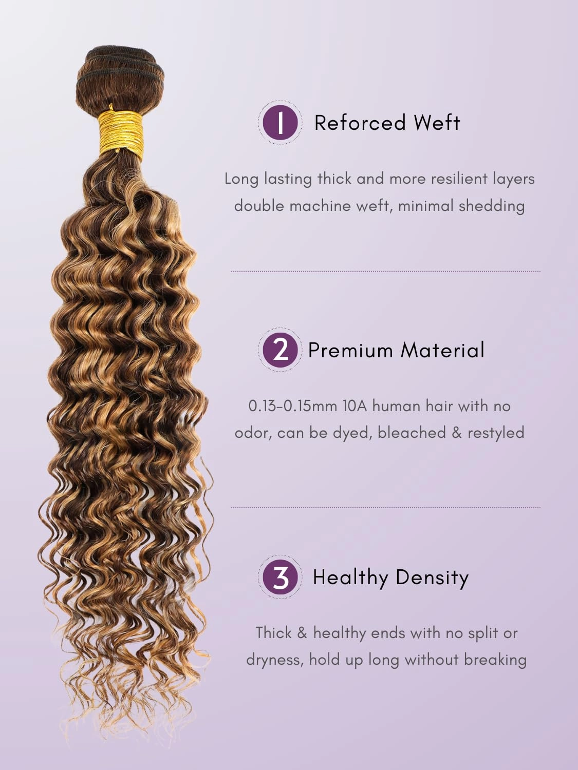 Honey Blonde Highlight Brazilian Deep Wave Human Hair Bundles with Closure, 10A Soft Thick Ombre Brown Curly 100% Human Hair Bundle with Free Part HD Transparent Lace 4x4 Closure (12 14 16   12)
