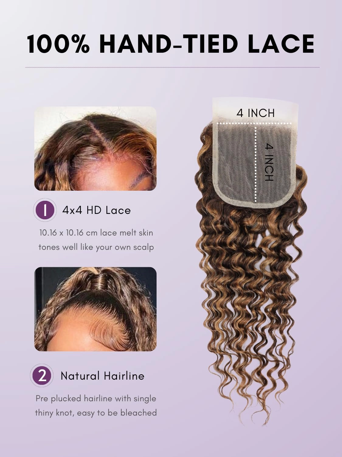 Honey Blonde Highlight Brazilian Deep Wave Human Hair Bundles with Closure, 10A Soft Thick Ombre Brown Curly 100% Human Hair Bundle with Free Part HD Transparent Lace 4x4 Closure (12 14 16   12)