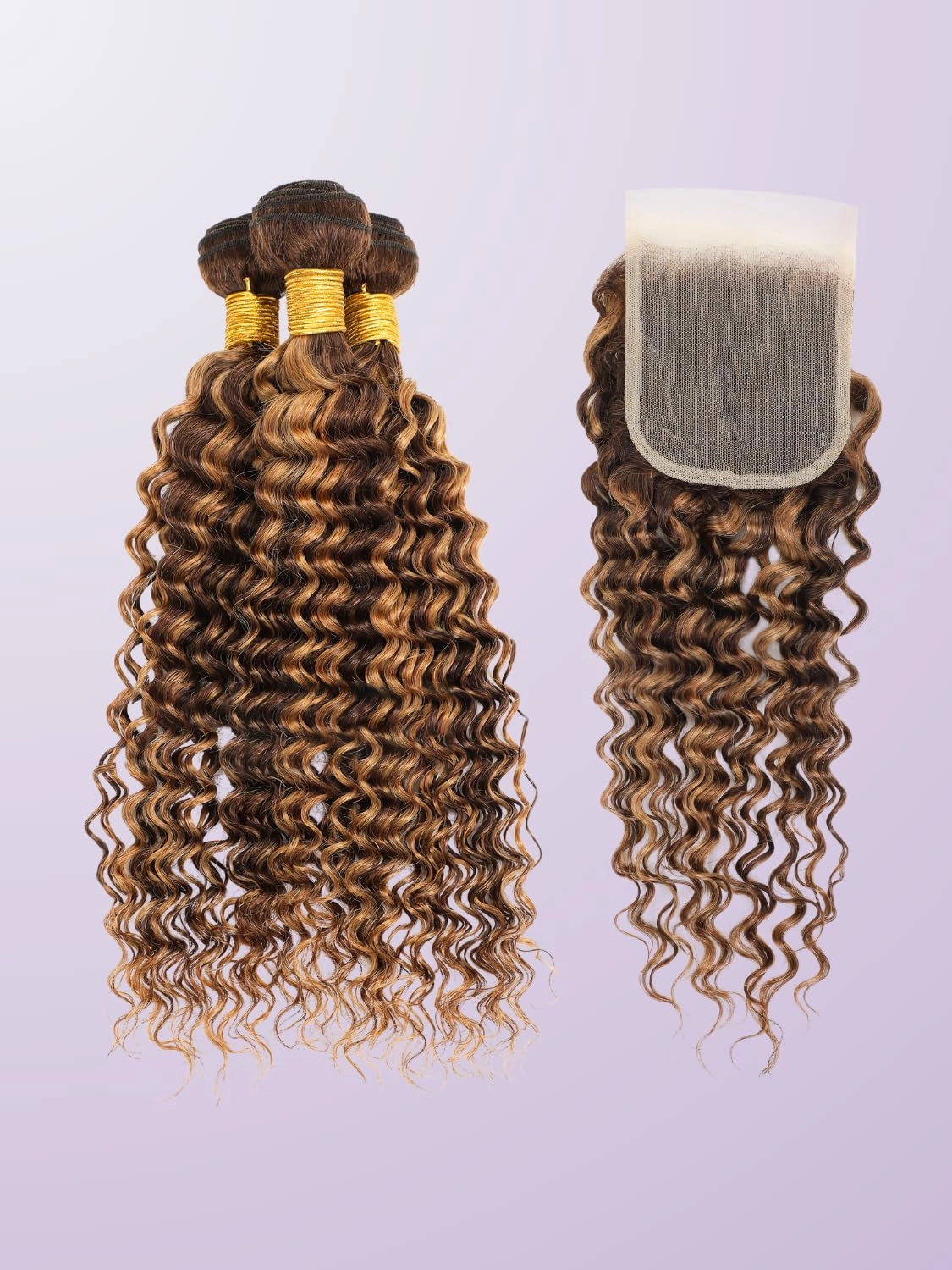 Honey Blonde Highlight Brazilian Deep Wave Human Hair Bundles with Closure, 10A Soft Thick Ombre Brown Curly 100% Human Hair Bundle with Free Part HD Transparent Lace 4x4 Closure (12 14 16   12)