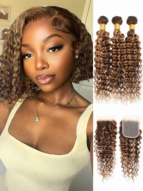 Honey Blonde Highlight Brazilian Deep Wave Human Hair Bundles with Closure, 10A Soft Thick Ombre Brown Curly 100% Human Hair Bundle with Free Part HD Transparent Lace 4x4 Closure (12 14 16   12)