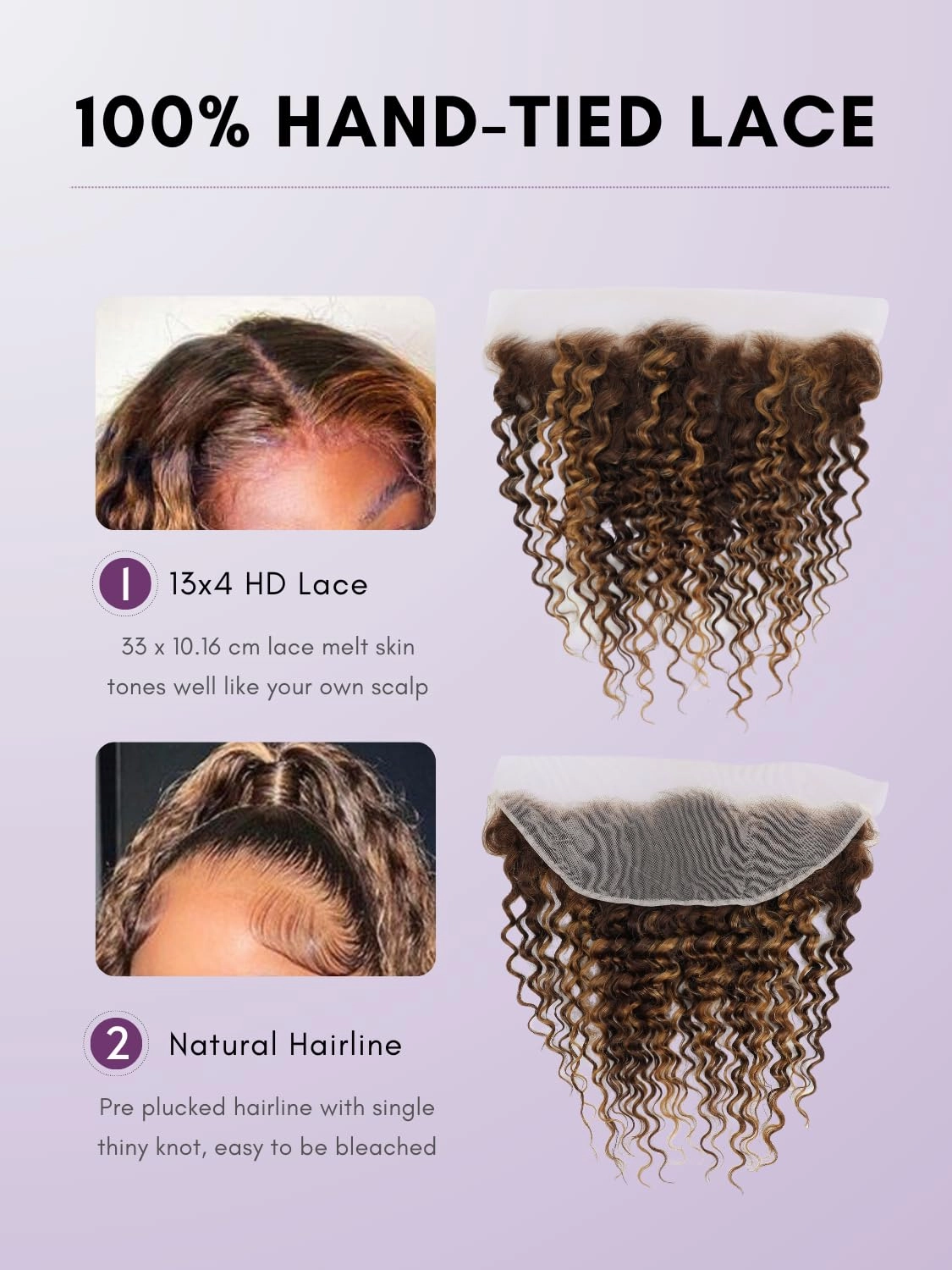 Honey Blonde Highlight Deep Wave Bundles with Frontal Closure, 10A Thick Tracks Deep Wave 13x4 Ear to Ear Lace frontal and 3 Bundles Virgin Hair 4/27 Ombre Brown Curly Bundles 10 12 14   10 Inch