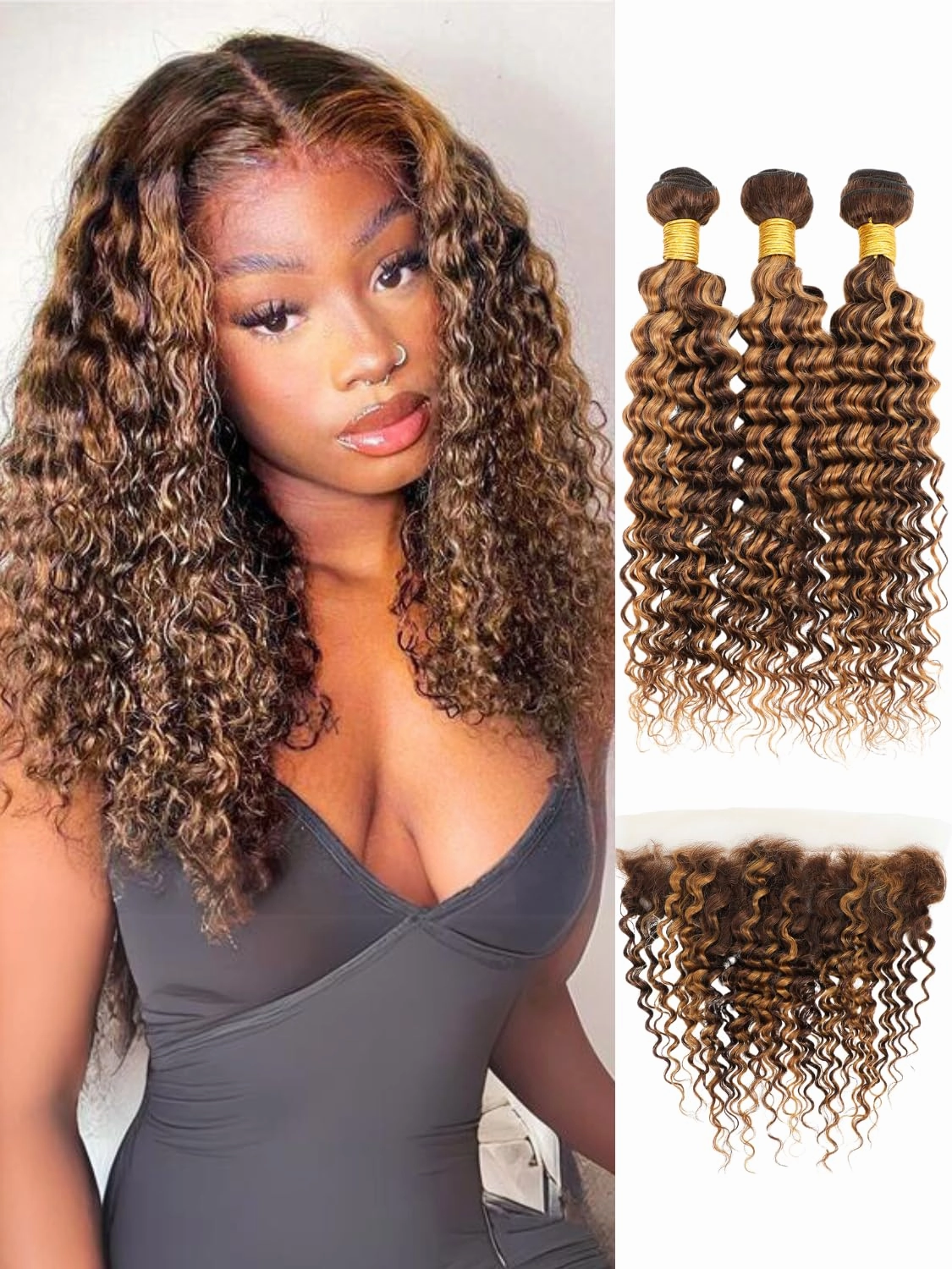 Honey Blonde Highlight Deep Wave Bundles with Frontal Closure, 10A Thick Tracks Deep Wave 13x4 Ear to Ear Lace frontal and 3 Bundles Virgin Hair 4/27 Ombre Brown Curly Bundles 10 12 14   10 Inch