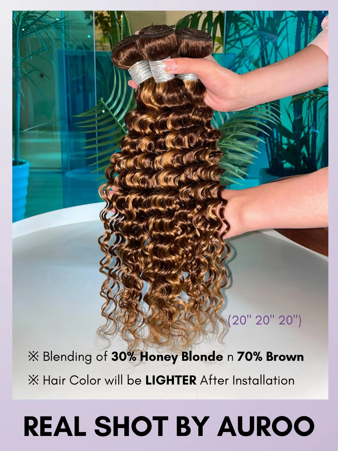 Honey Blonde Highlight Deep Wave Bundles with Frontal Closure, 10A Thick Tracks Deep Wave 13x4 Ear to Ear Lace frontal and 3 Bundles Virgin Hair 4/27 Ombre Brown Curly Bundles 10 12 14   10 Inch