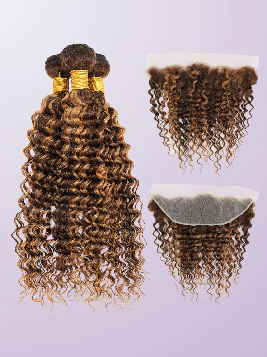 Honey Blonde Highlight Deep Wave Bundles with Frontal Closure, 10A Thick Tracks Deep Wave 13x4 Ear to Ear Lace frontal and 3 Bundles Virgin Hair 4/27 Ombre Brown Curly Bundles 10 12 14   10 Inch