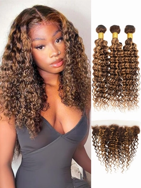 Honey Blonde Highlight Deep Wave Bundles with Frontal Closure, 10A Thick Tracks Deep Wave 13x4 Ear to Ear Lace frontal and 3 Bundles Virgin Hair 4/27 Ombre Brown Curly Bundles 10 12 14   10 Inch
