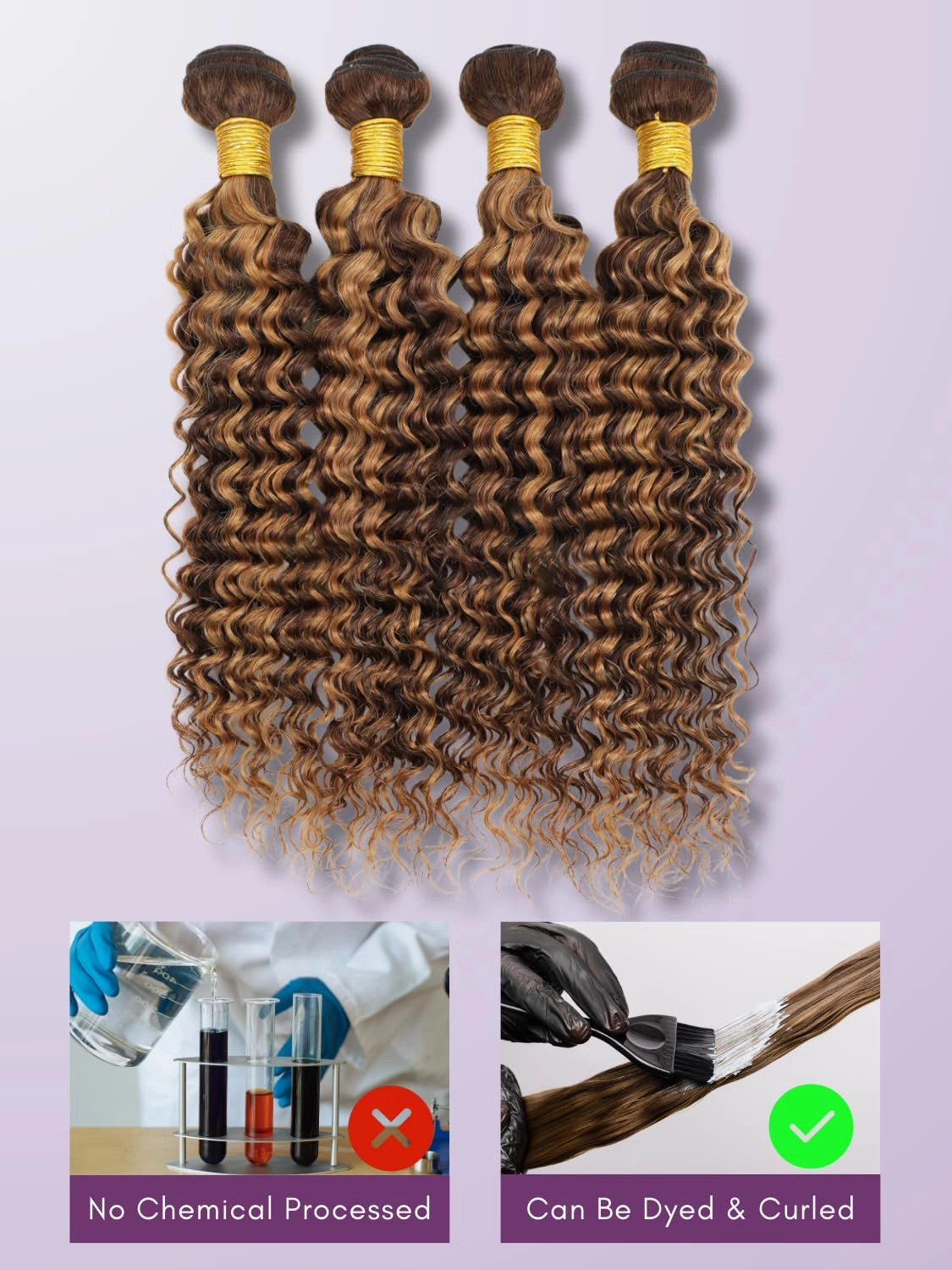 Honey Blonde Highlight Deep Wave Bundles with Frontal Closure, 10A Thick Tracks Deep Wave 13x4 Ear to Ear Lace frontal and 3 Bundles Virgin Hair 4/27 Ombre Brown Curly Bundles 10 12 14   10 Inch