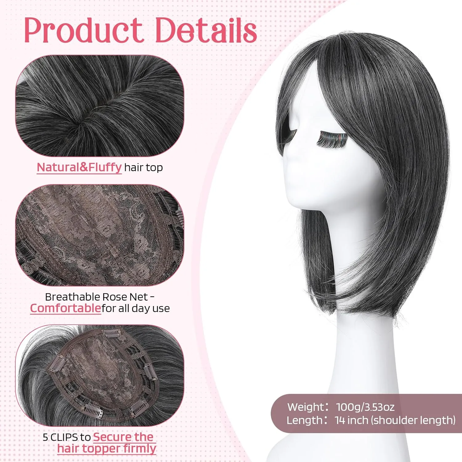 HOOJIH Hair Topper, Long Layered Hair Topper with Bangs for Women with Thinning Hair 14 Inch Slightly Curled Ends Wiglets Synthetic Fiber Hair Pieces for Women - Dark Grey