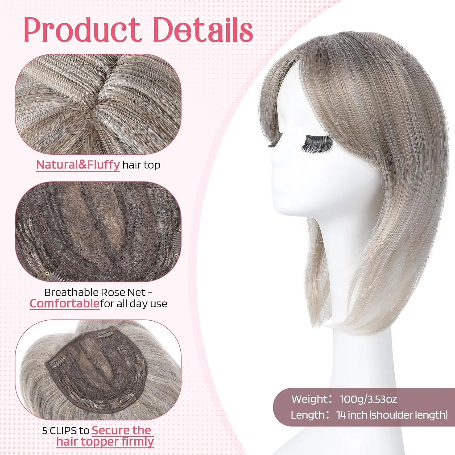 HOOJIH Hair Topper, Long Layered Topper with Bangs for Women with Thinning Hair 14 Inch Slightly Curled Ends Wiglets Synthetic Fiber Pieces for Women - Ash Gray with White Gray Tails