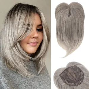 HOOJIH Hair Topper, Long Layered Topper with Bangs for Women with Thinning Hair 14 Inch Slightly Curled Ends Wiglets Synthetic Fiber Pieces for Women - Ash Gray with White Gray Tails