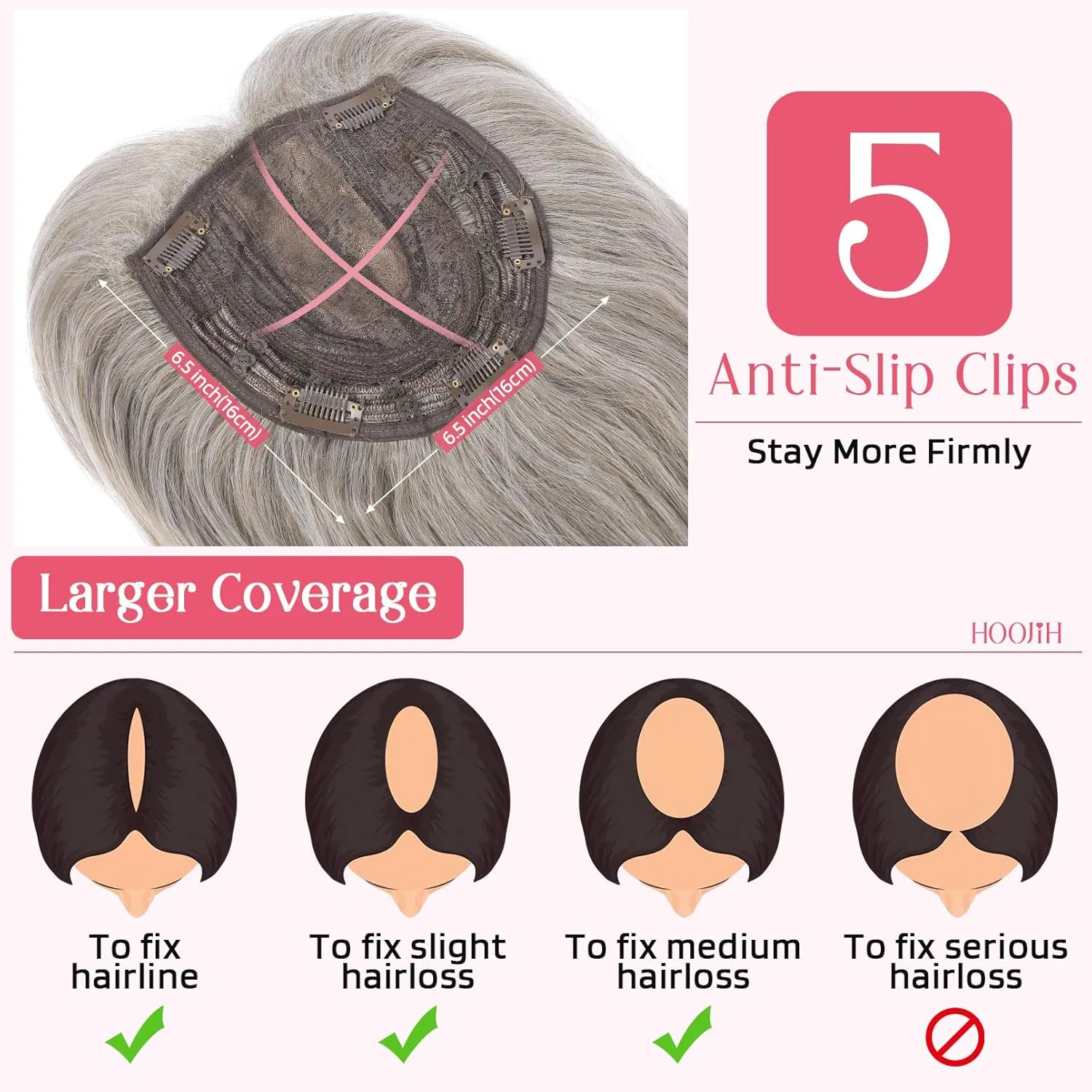 HOOJIH Hair Topper, Long Layered Topper with Bangs for Women with Thinning Hair 14 Inch Slightly Curled Ends Wiglets Synthetic Fiber Pieces for Women - Ash Gray with White Gray Tails