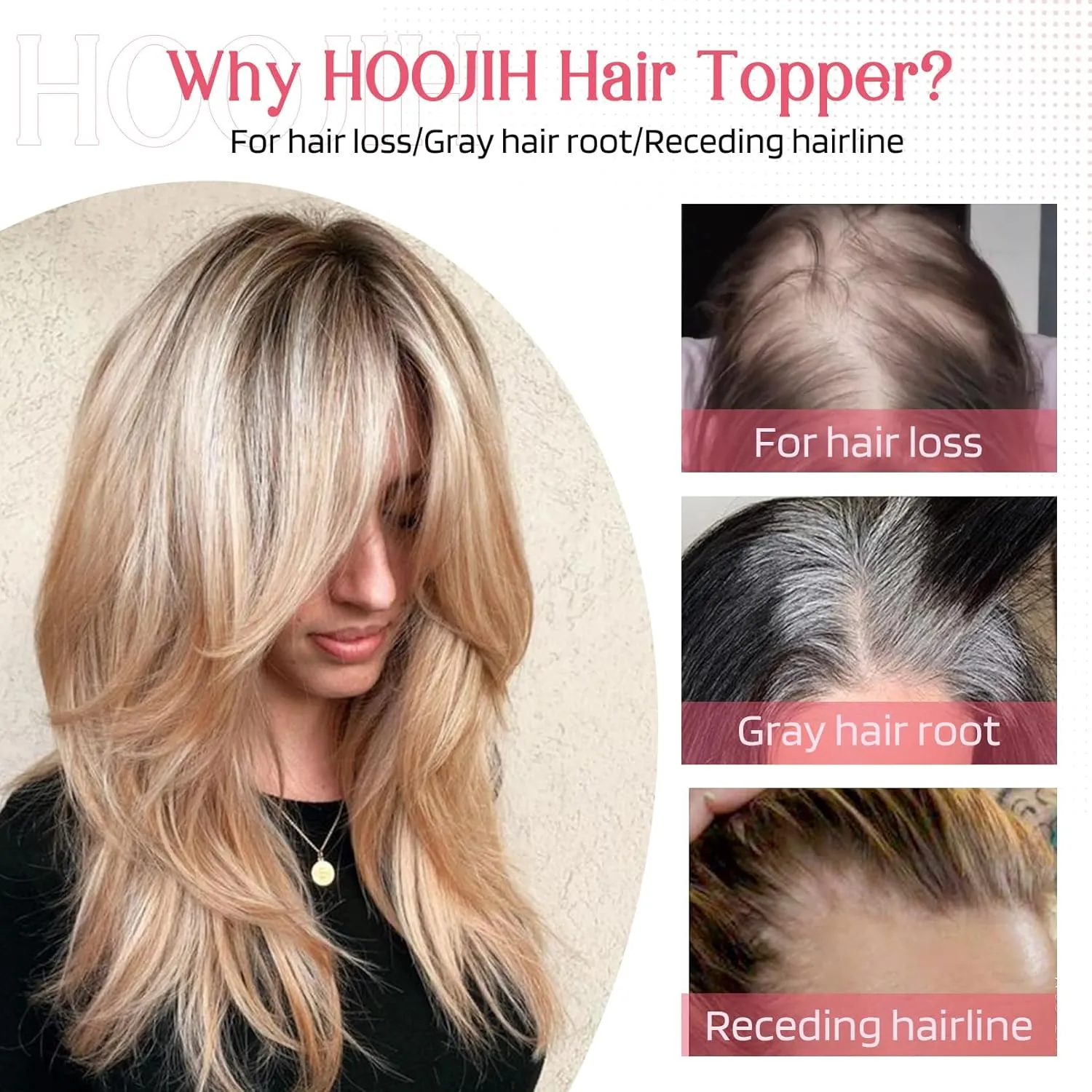 HOOJIH Long Layered Hair Topper with Bangs for Women with Thinning Hair - 14 Inch Slightly Curled Ends Wiglets with Synthetic Fiber and Blonde Highlights