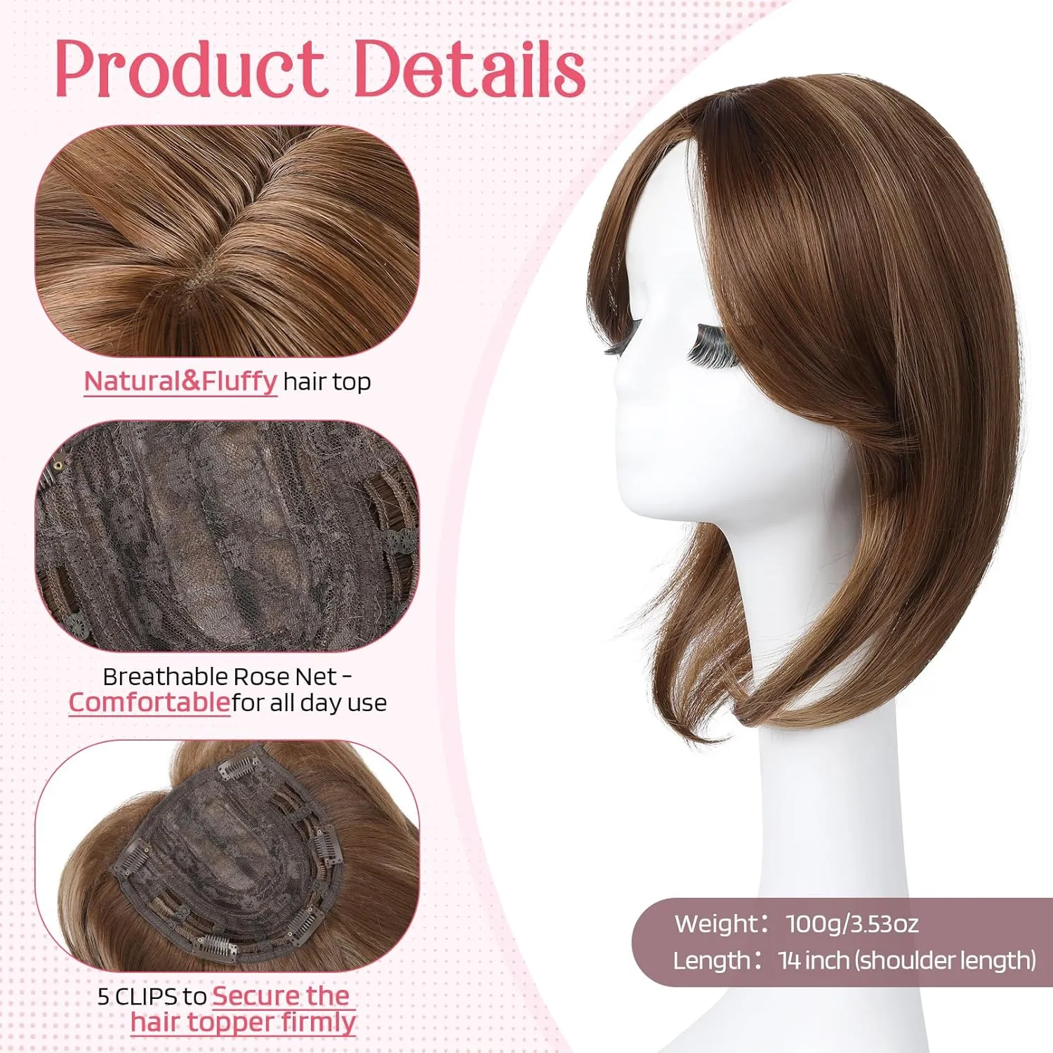 HOOJIH Long Layered Hair Topper with Bangs for Women with Thinning Hair - 14 Inch Slightly Curled Ends Wiglets with Synthetic Fiber and Blonde Highlights