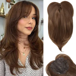 HOOJIH Long Layered Hair Topper with Bangs for Women with Thinning Hair - 14 Inch Slightly Curled Ends Wiglets with Synthetic Fiber and Blonde Highlights
