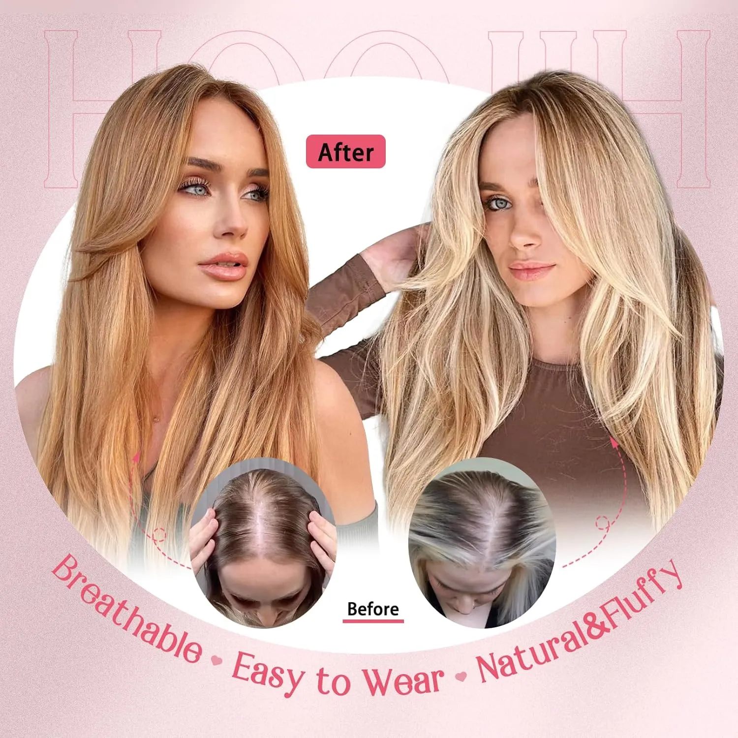 HOOJIH Long Layered Hair Topper with Bangs for Women with Thinning Hair - 14 Inch Slightly Curled Ends Wiglets with Synthetic Fiber and Blonde Highlights