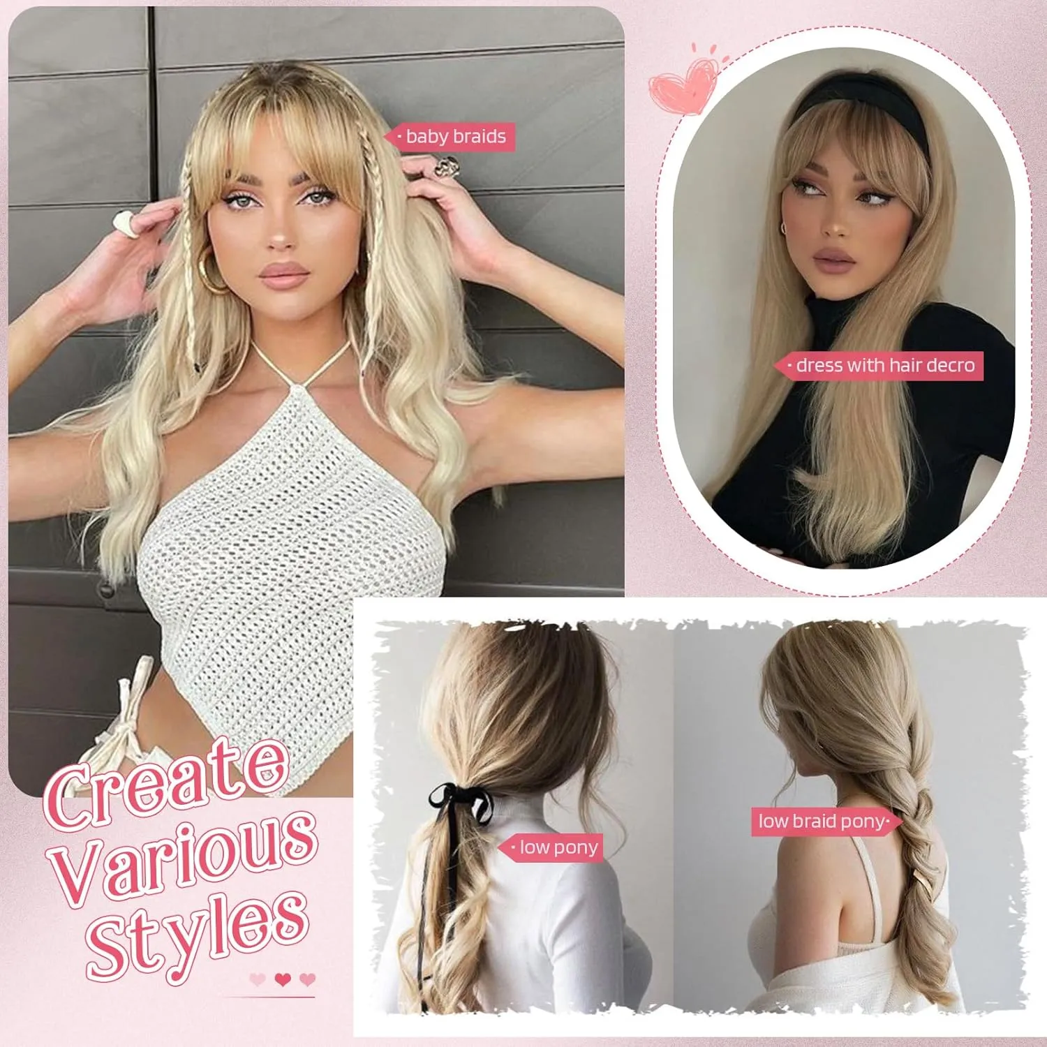 HOOJIH Long Layered Hair Topper with Bangs for Women with Thinning Hair - 14 Inch Slightly Curled Ends Wiglets with Synthetic Fiber and Blonde Highlights