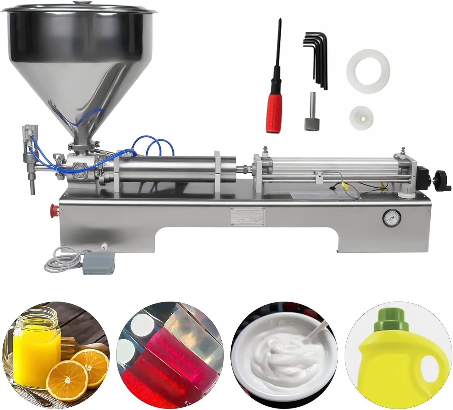 Horizontal Pneumatic Liquid Paste Filling Machine, 220/110V 100-600ml Volume Dual-use Paste Filling Machine with 40L Hopper, for Honey Oil Sauce Butter Toothpaste Cream Shampoo