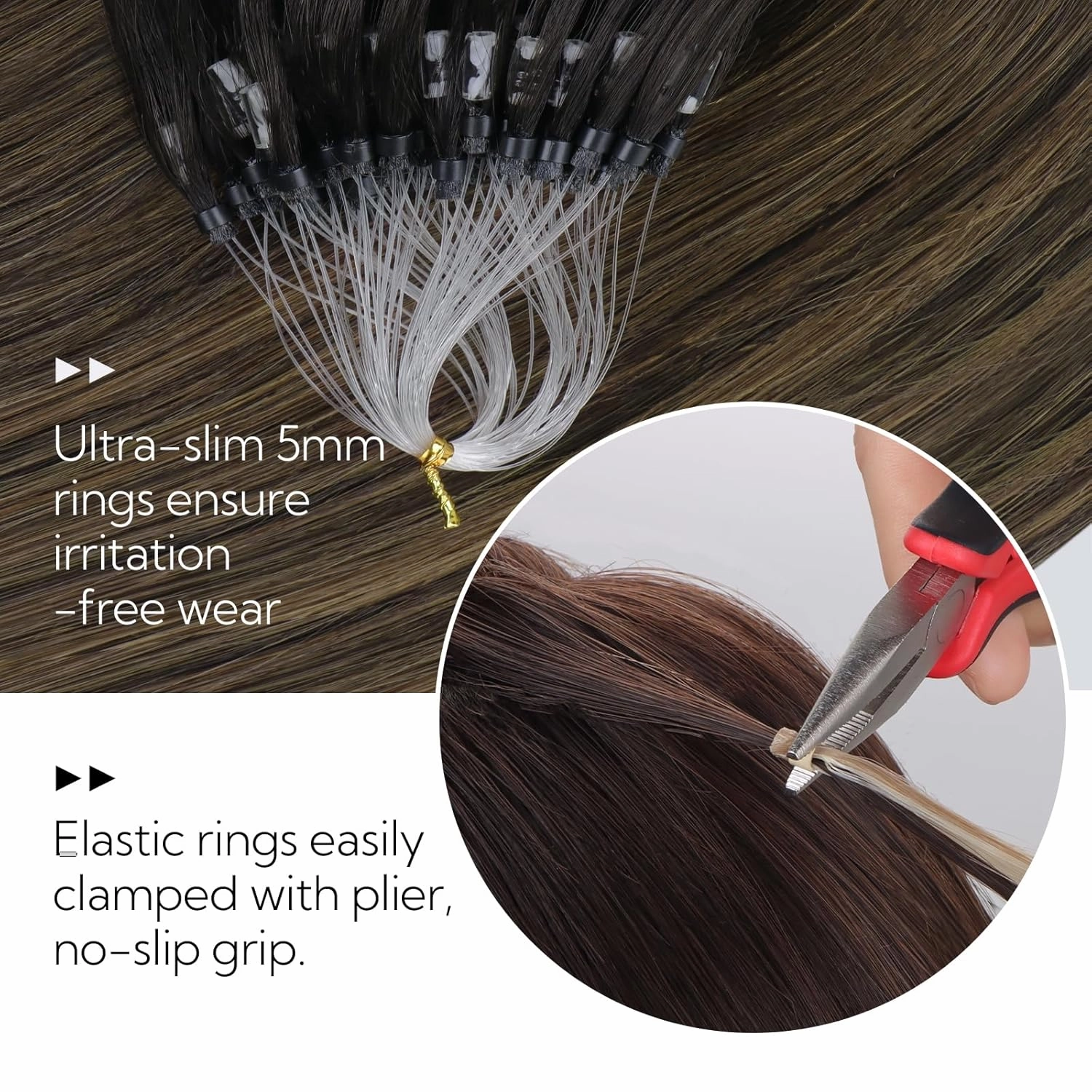 HOTBANANA Micro Ring Hair Extensions, 16 inch 50g 50s Balayage Dark Brown Mixed Chestnut Brown Micro Beads Link Straight Real Human Hair Extensions