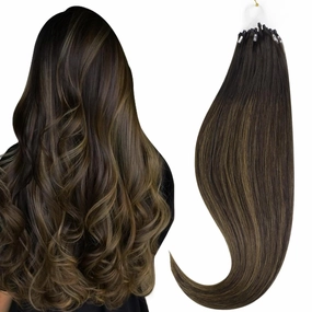 HOTBANANA Micro Ring Hair Extensions, 16 inch 50g 50s Balayage Dark Brown Mixed Chestnut Brown Micro Beads Link Straight Real Human Hair Extensions