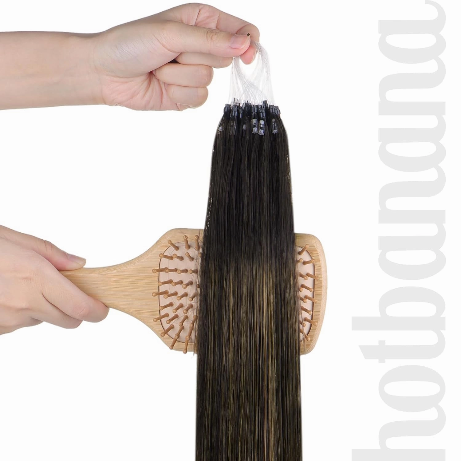 HOTBANANA Micro Ring Hair Extensions, 16 inch 50g 50s Balayage Dark Brown Mixed Chestnut Brown Micro Beads Link Straight Real Human Hair Extensions