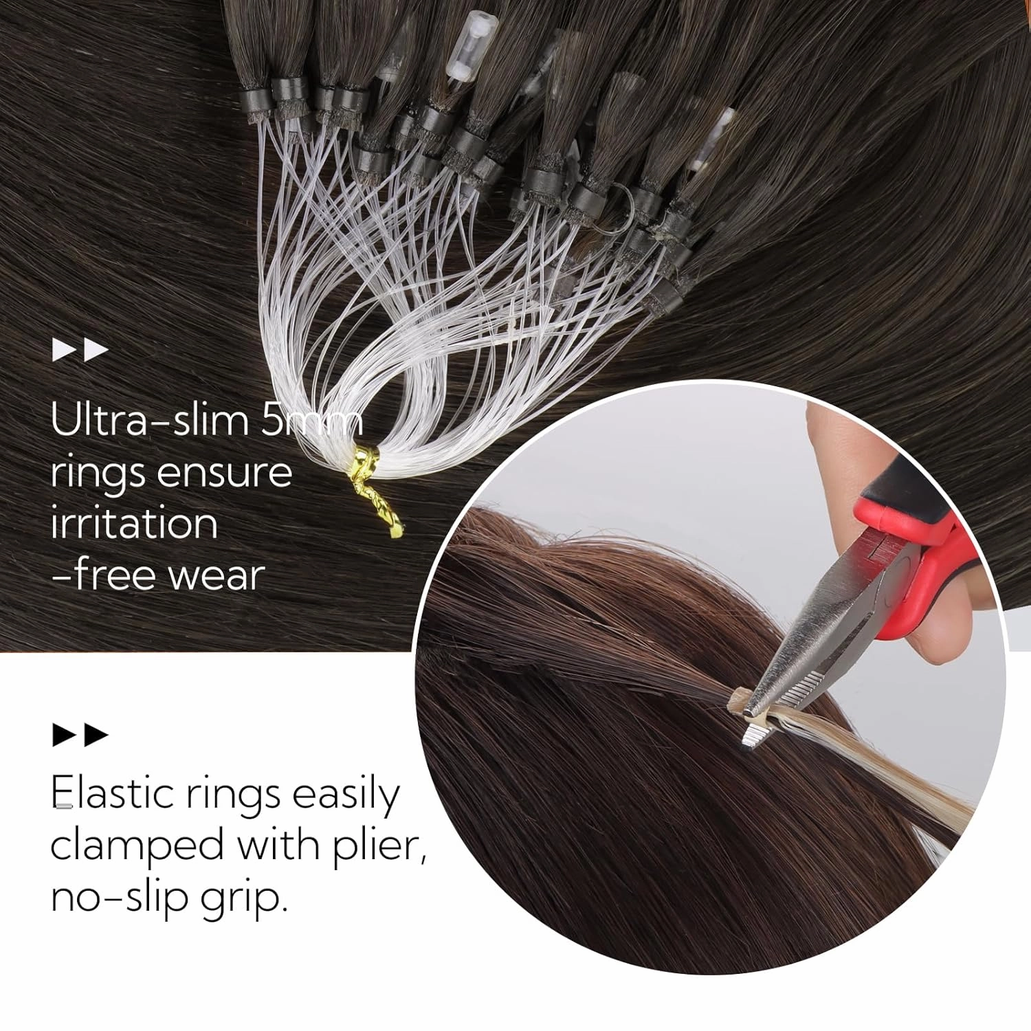 HOTBANANA Micro Ring Hair Extensions Human Hair, 16 inch 50g 50s Dark Brown Micro Beads Real Human Hair Extensions Straight Micro Link Micro Loop Hair Extensions
