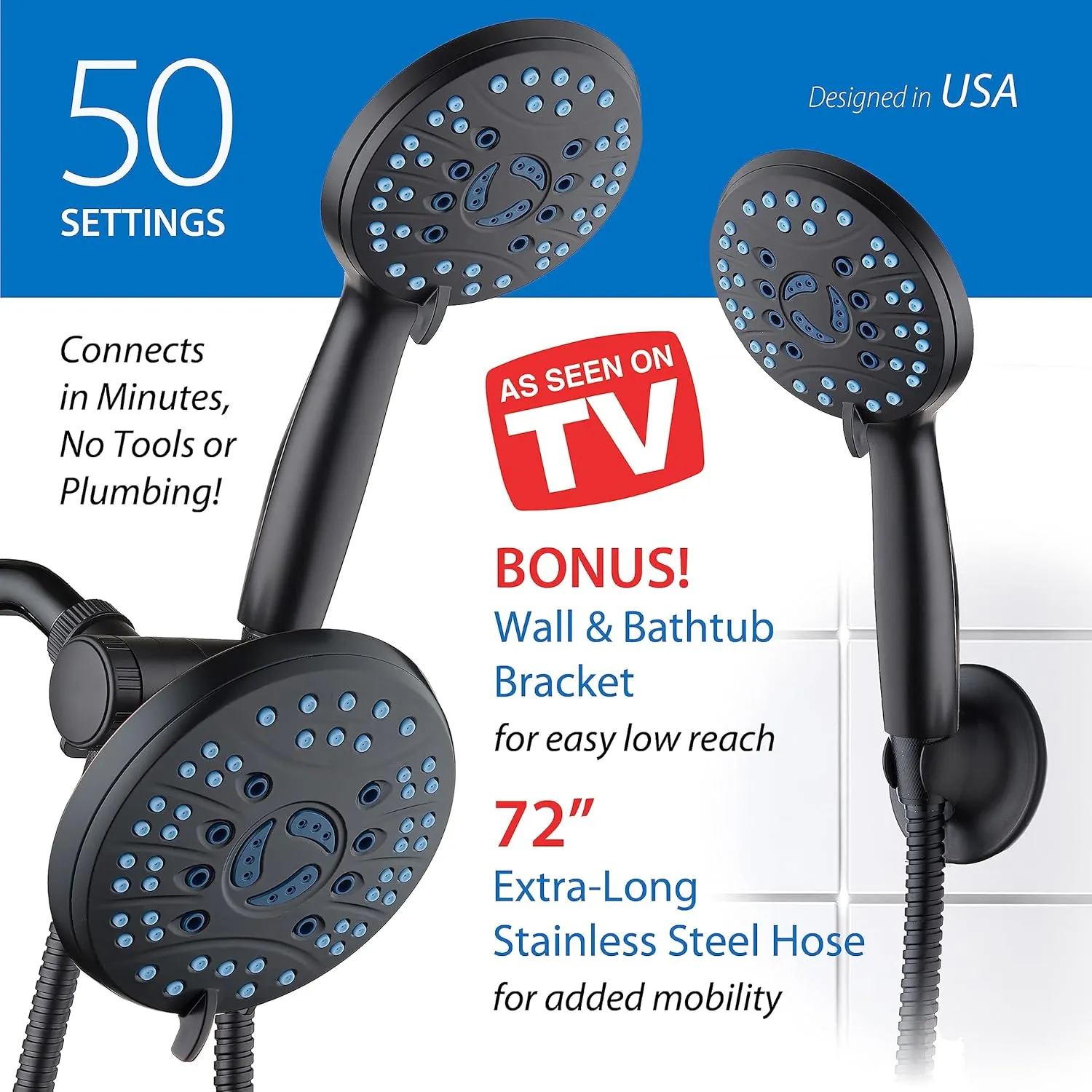 Hotel Spa AquaCare As-Seen-On-TV High Pressure Handheld & Rain 50-mode 3-way Shower Head Combo with Anti-clog Jets, 2-mode Tub & Pet Power Wash, Extra Wall Bracket, 6 ft. Hose, Matte Black