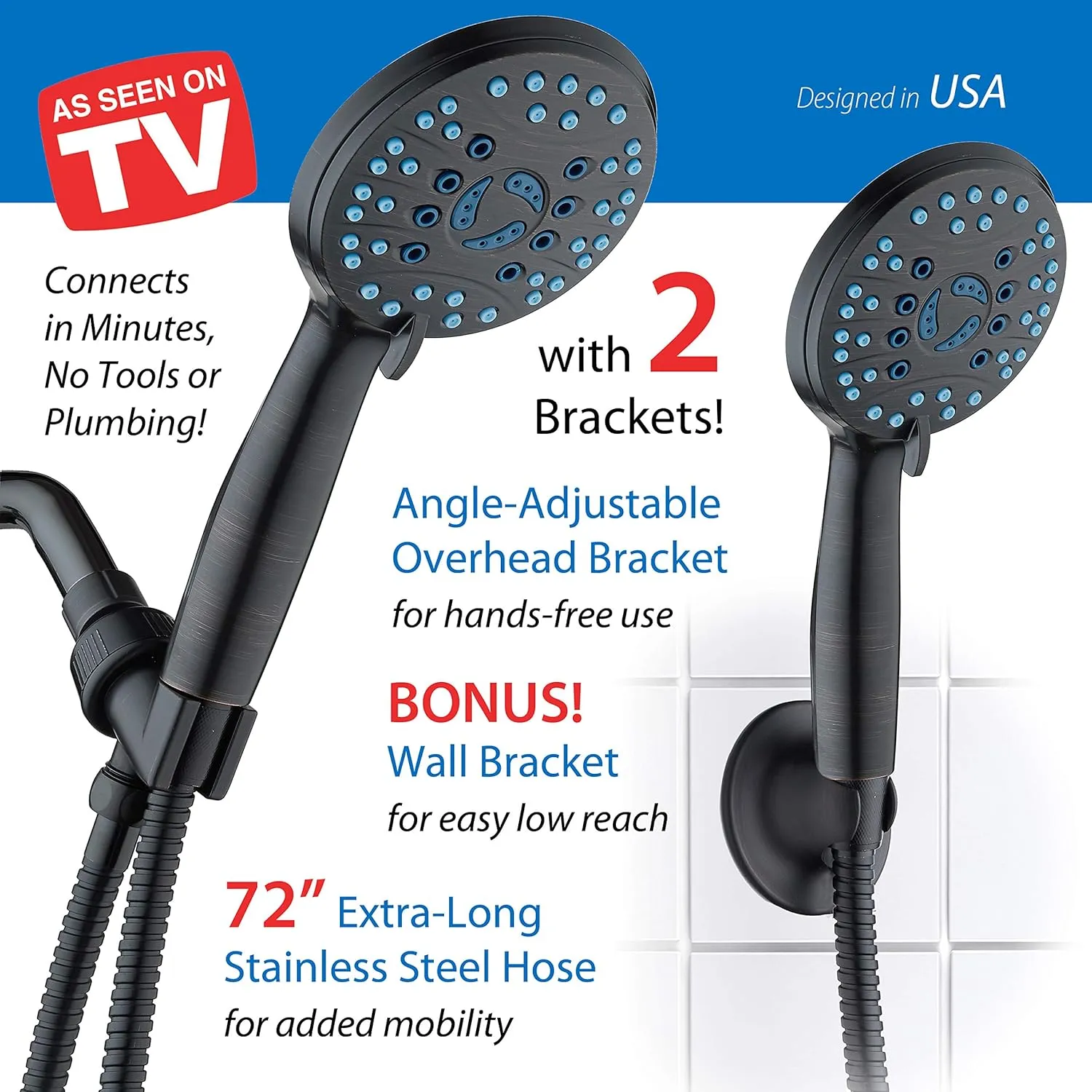Hotel Spa AquaCare High Pressure 8-mode Handheld Shower Head, Anti-clog Nozzles - Built-in Power Wash to Clean Tub, Tile & Pets, Extra Long 6 ft. Stainless Steel Hose, Wall & Overhead Brackets