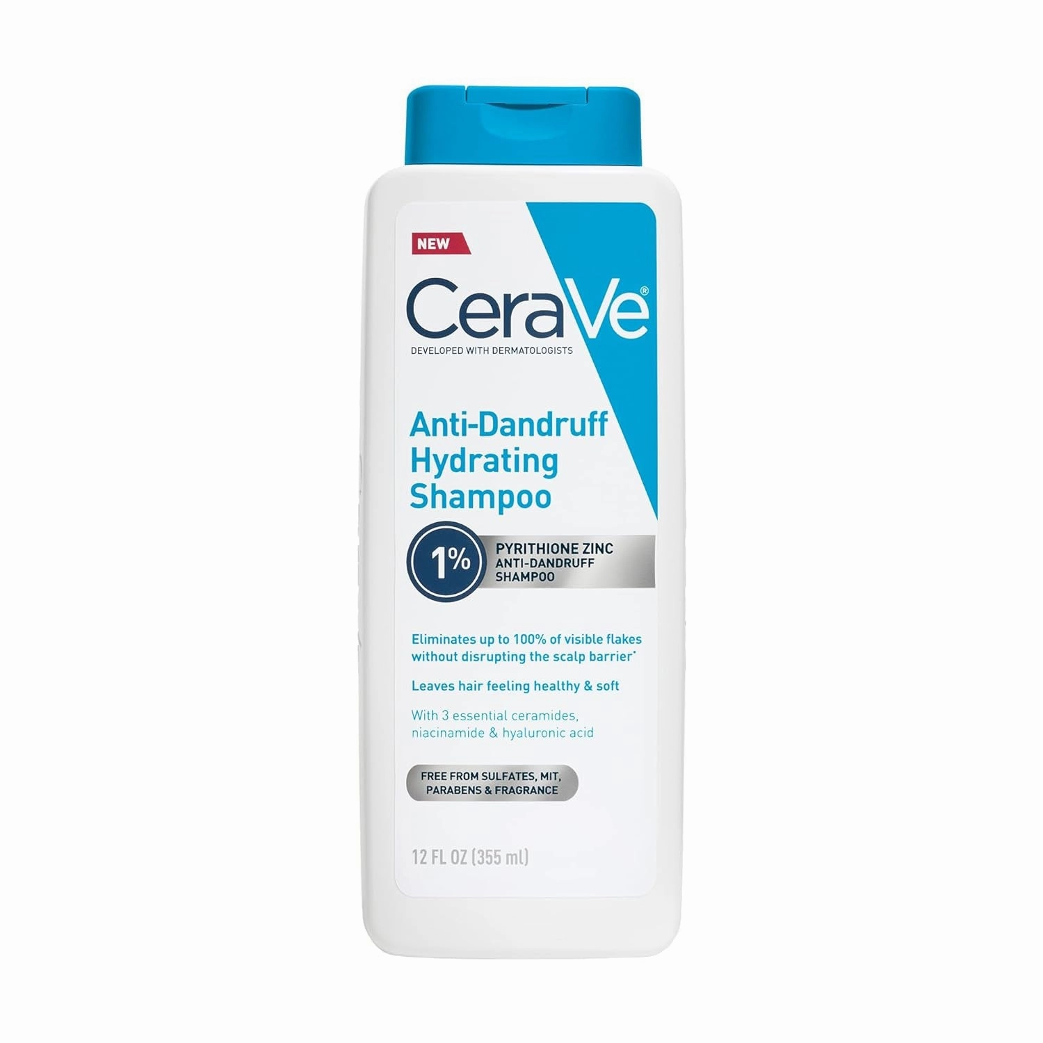 Hydrating anti Dandruff Shampoo, 1% Pyrithione Zinc Dandruff Treatment with Ceramides, Niacinamide & Hyaluronic Acid, Helps Eliminate Flakes & Provides Itchy Scalp Relief, Sulfate Free, 12 Oz