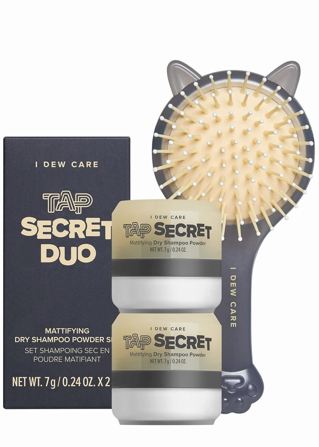 I DEW CARE Dry Shampoo - Tap Secret Duo   Detangling Brush With Mirror | With Black Ginseng, Non-aerosol, Benzene-free, Mattifying Root Boosting Powder, No White Cast, Travel Size