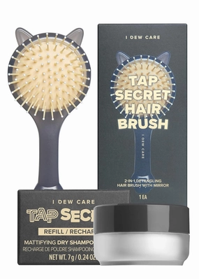 I DEW CARE Dry Shampoo Powder Refill Tap Secret, Benzene-Free, Ultra-Fine, Includes 2-in-1 Hair Brush with Scalp Massaging Effect, Compact Powder for Travel, 7g / 0.24 oz.