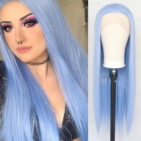 Ice Blue Lace Front Wigs Synthetic Long Straight T-part Lace Synthetic Hair Replacement Wigs Light Blue Half Hand Tied 22 inch Daily Wear Cosplay