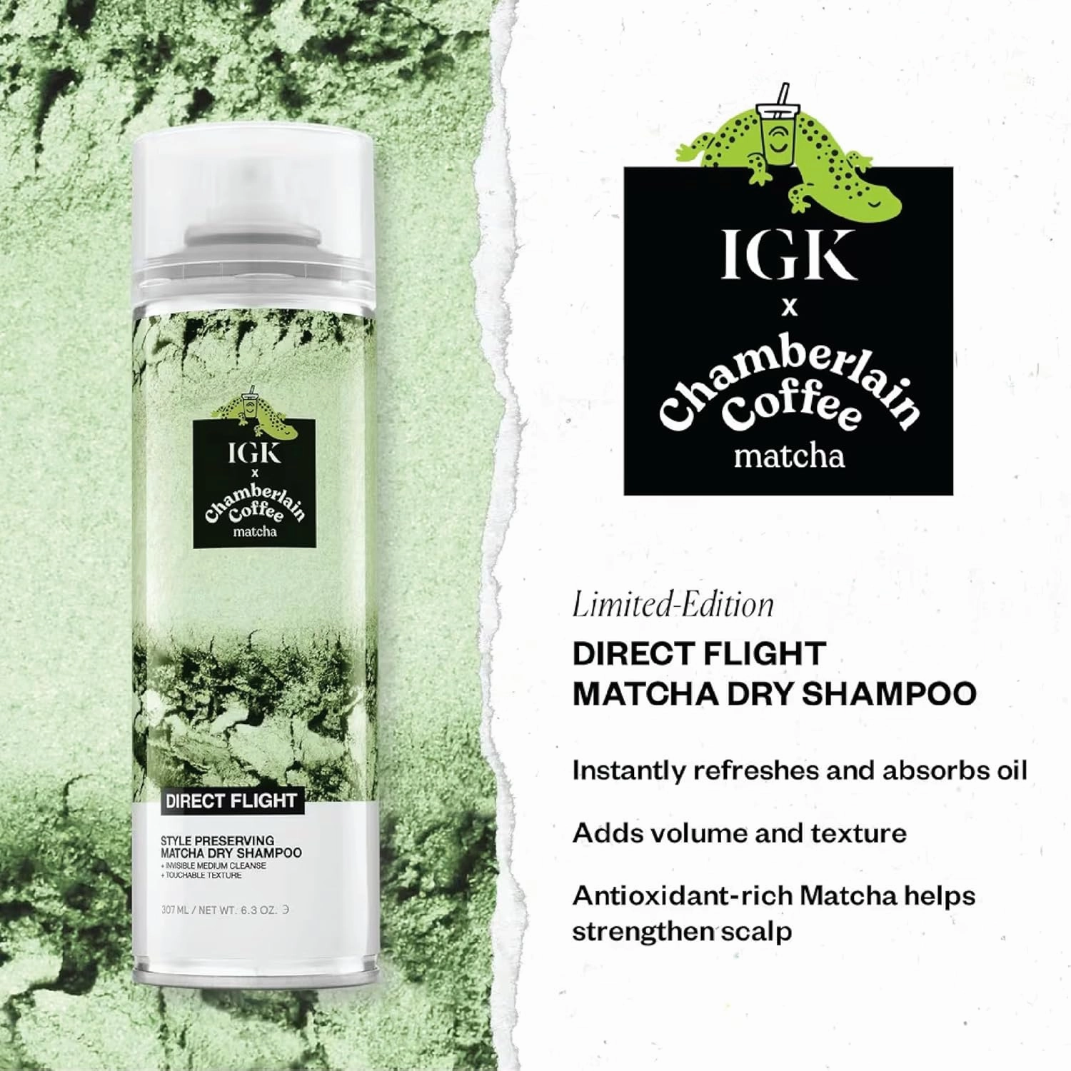 IGK DIRECT FLIGHT Multi-Tasking Matcha Dry Shampoo | Light Cleanse   Style Preserving | Vegan   Cruelty Free |