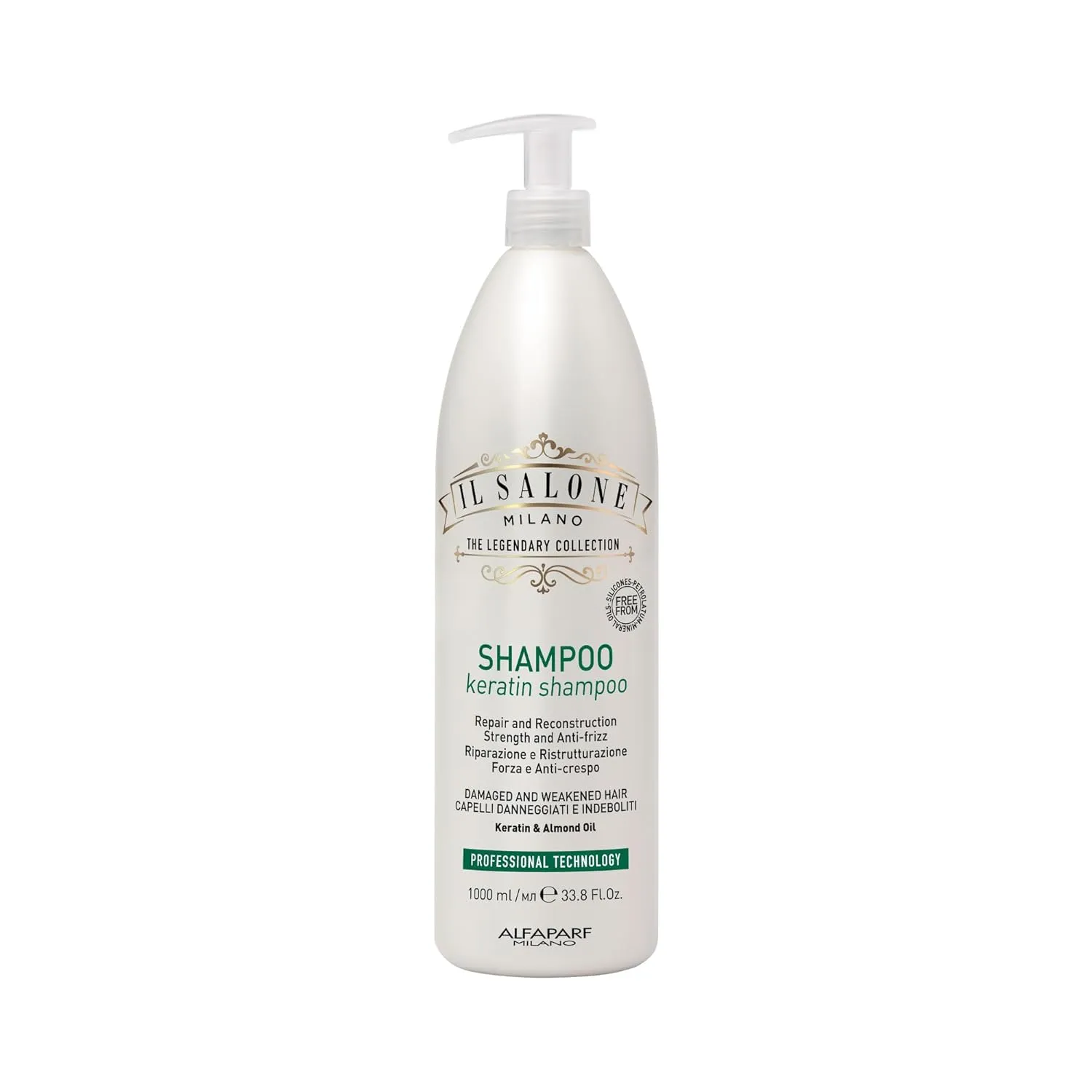Il Salone Milano Professional Keratin Shampoo for Damaged Hair - Hair Repair Shampoo - Hair Treatment for Weakened Hair - Made with Almond Oil & Vitamin E - Salon-Quality Hair Care (33.8 oz / 1000 ml)