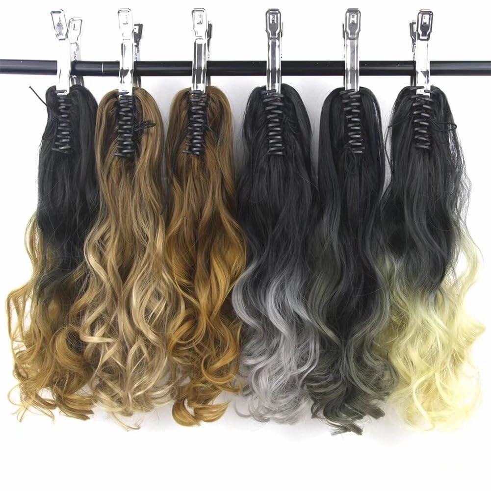 iLUU 24" One Piece Curly Wavy Claw Clip in Ponytail Hairpieces Thick Pony Tail Heat Resistent Synthetic Fiber Ponytail Hair Extensions for Cosply Party Daily Easy Use (130g,Blonde Highlights)