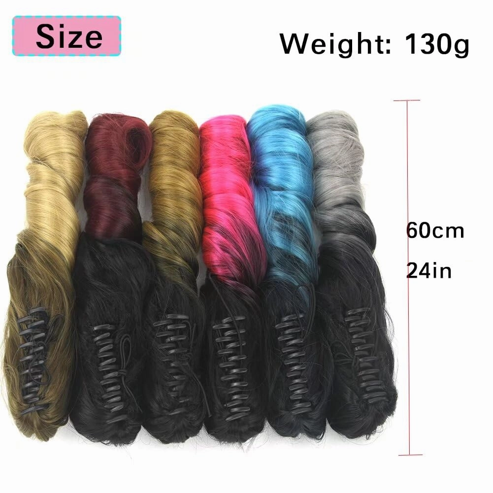 iLUU 24" One Piece Curly Wavy Claw Clip in Ponytail Hairpieces Thick Pony Tail Heat Resistent Synthetic Fiber Ponytail Hair Extensions for Cosply Party Daily Easy Use (130g,Blonde Highlights)