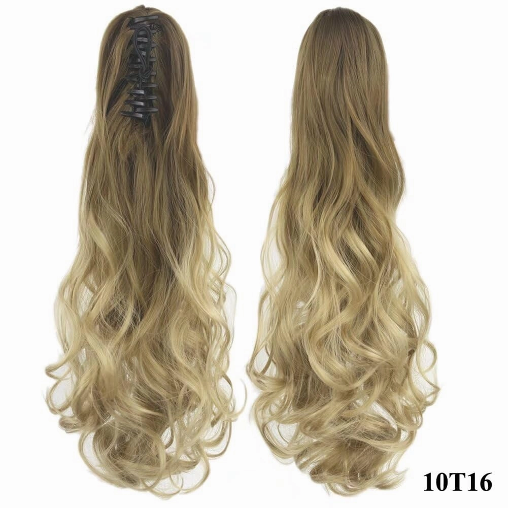 iLUU 24" One Piece Curly Wavy Claw Clip in Ponytail Hairpieces Thick Pony Tail Heat Resistent Synthetic Fiber Ponytail Hair Extensions for Cosply Party Daily Easy Use (130g,Blonde Highlights)