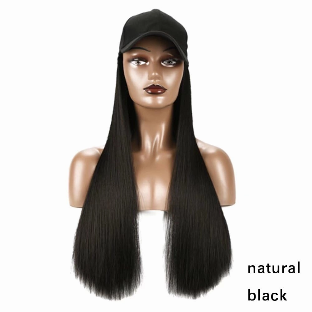 iLUU Baseball Cap with 24"/60cm Synthetic Hair Extensions Black Hat Straight Hair Long Natural Black Hairpiece Attached Hats Hair Pieces Wig for Women Daily Party Use (natural black)