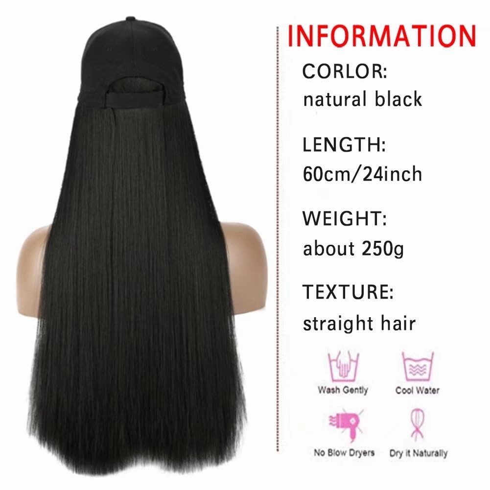 iLUU Baseball Cap with 24"/60cm Synthetic Hair Extensions Black Hat Straight Hair Long Natural Black Hairpiece Attached Hats Hair Pieces Wig for Women Daily Party Use (natural black)