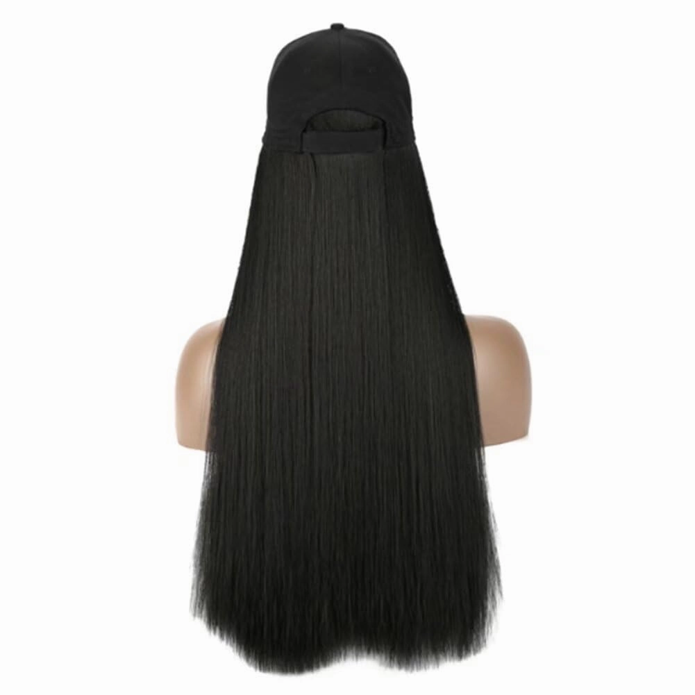iLUU Baseball Cap with 24"/60cm Synthetic Hair Extensions Black Hat Straight Hair Long Natural Black Hairpiece Attached Hats Hair Pieces Wig for Women Daily Party Use (natural black)