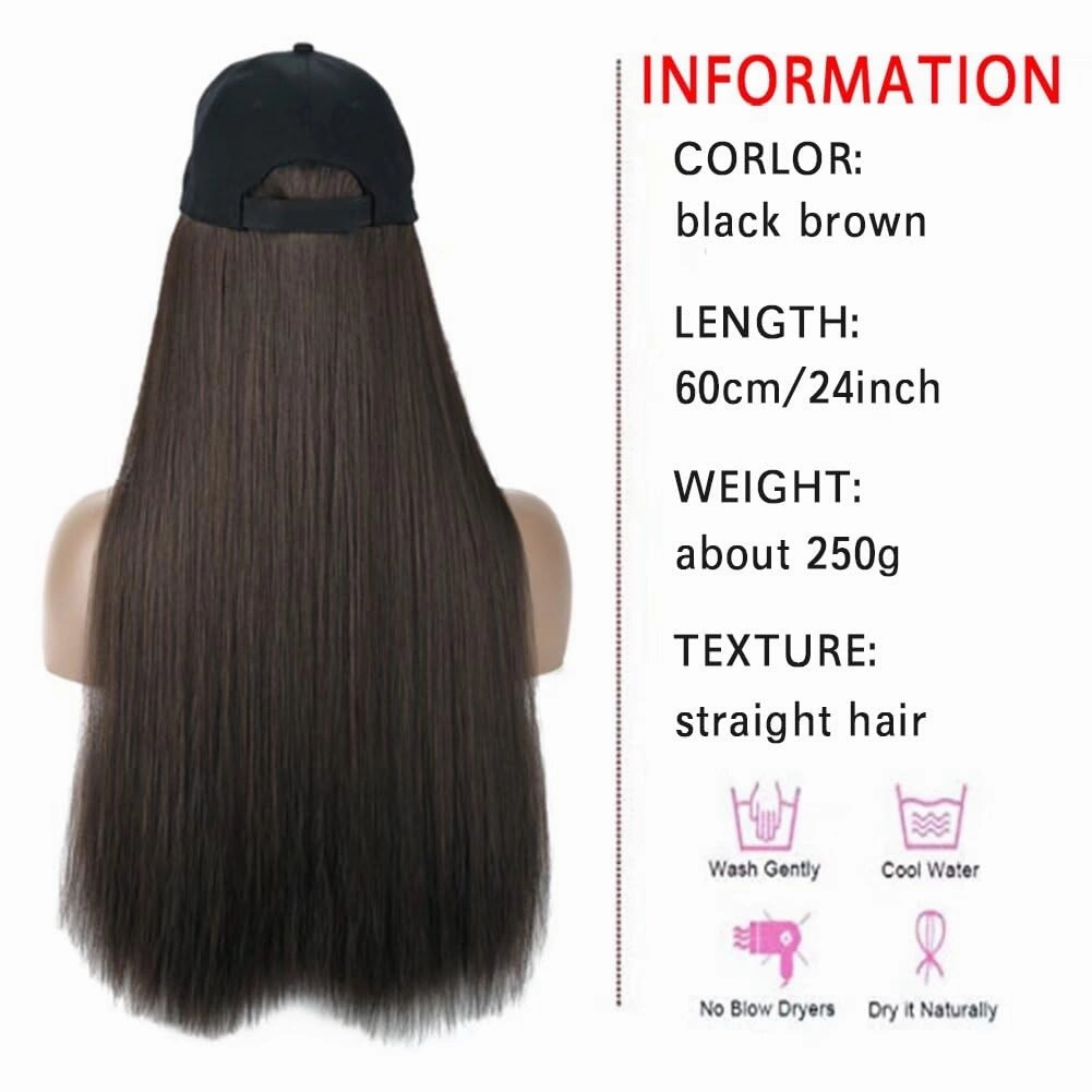 iLUU Wig and Hat Baseball Cap With Black Brown Hair Extensions Synthetic Hairpiece With Attached Black Cap Hat With 24inch Long Straight Smooth Natural Black Hair Extensions For Women Girl