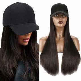 iLUU Wig and Hat Baseball Cap With Black Brown Hair Extensions Synthetic Hairpiece With Attached Black Cap Hat With 24inch Long Straight Smooth Natural Black Hair Extensions For Women Girl